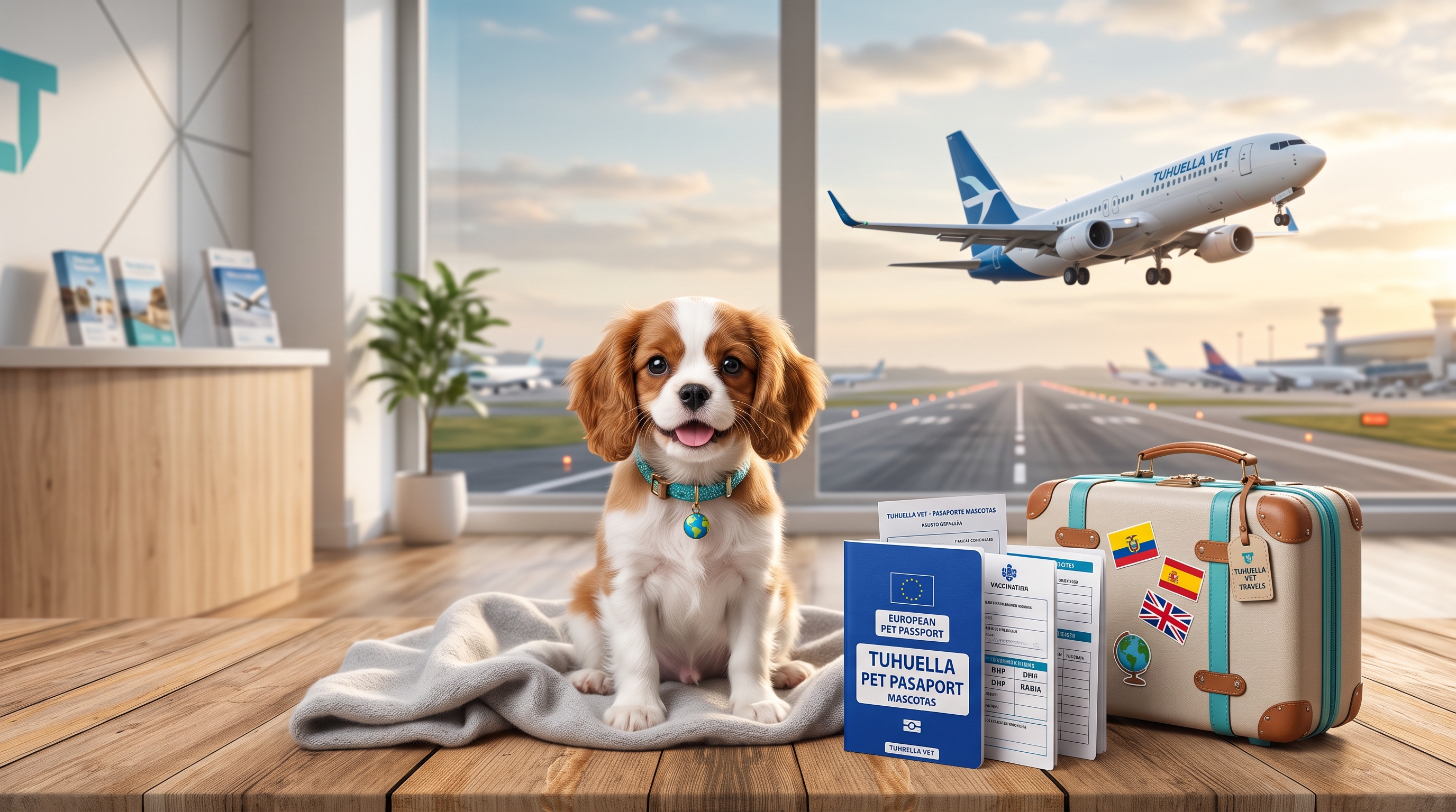 Mascota viajera con pasaporte y maleta